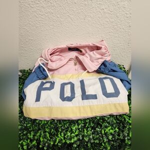 Polo Ralph Lauren Pink Multi Cotton 1/4 Zip Hooded Windbreaker Oversized